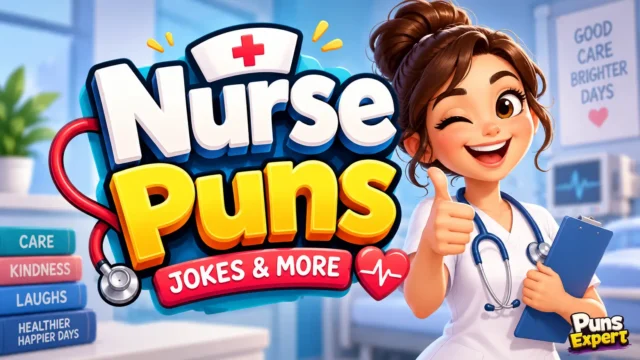 Colorful nurse puns thumbnail with bold 3D text, smiling cartoon nurse, and Puns Expert branding.