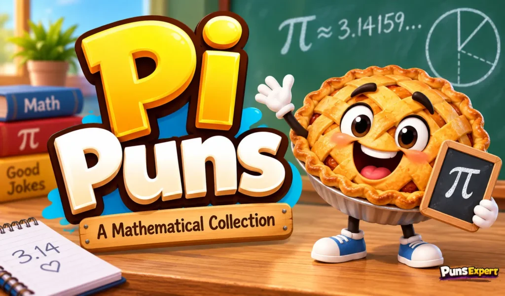 Colorful pi puns thumbnail with bold 3D title, smiling pie mascot, and math classroom background.
