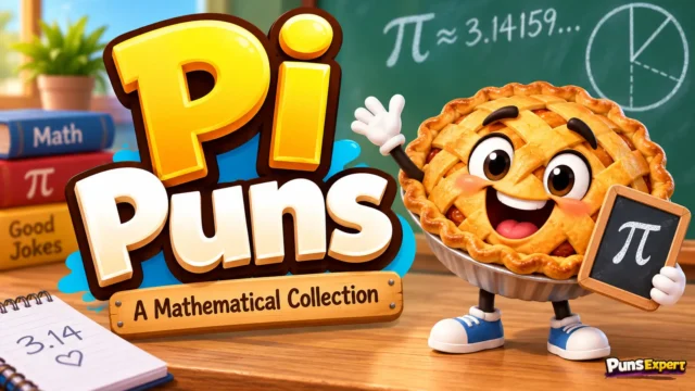 Colorful pi puns thumbnail with bold 3D title, smiling pie mascot, and math classroom background.