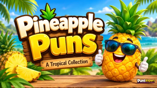 Colorful pineapple puns thumbnail with bold 3D title, smiling pineapple mascot, and tropical beach background.