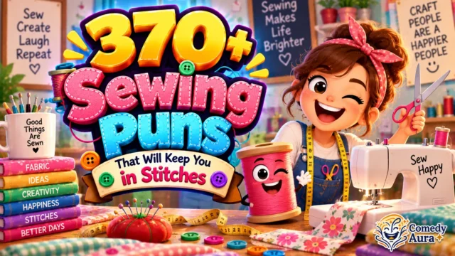 Colorful thumbnail featuring a smiling pencil mascot and bold 3D text for 150 school puns.